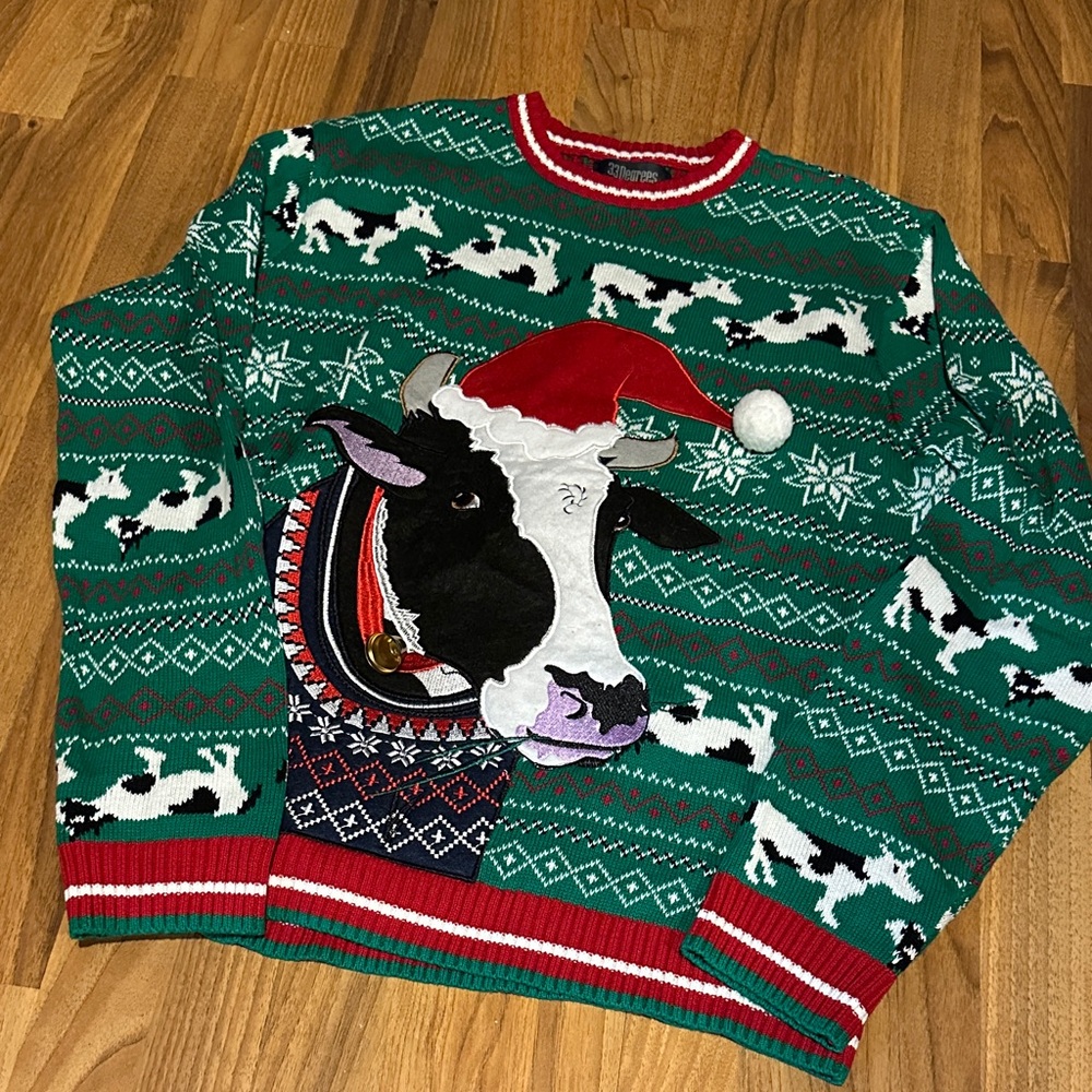 Festive Men’s Green Cow Christmas Sweater